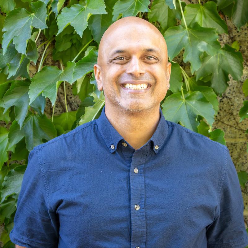 Headshot of Rajeev Virmani in front of a wall of greenery, wearing a blue button-up shirt, and wearing a smile on their face. 
